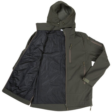 Tactical softshell coat with mesh lining isolated on white background. Ranger green hooded military style jacket