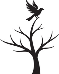 Fototapeta premium Dead Tree Silhouette with Black Bird Spooky Halloween Bare Branches Vector