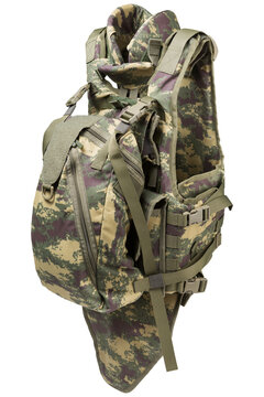 Military body armor vest with tactical backpack back angle view isolated on white background. Camouflage plate carrier rig