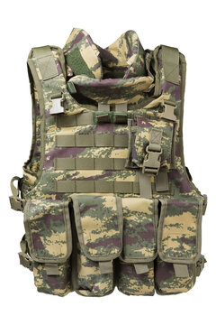 Camouflage tactical bulletproof vest with magazine pouches isolated on white background. Military body armor carrier front view