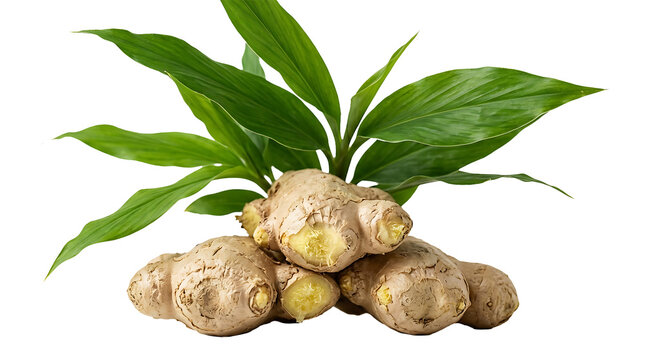 Fresh ginger root with green leaves on white background isolated on transparent background