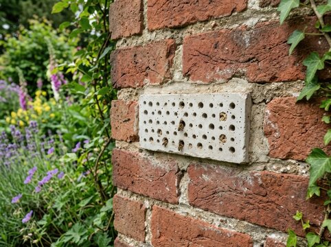Biodiversity supporting bee brick installed securely in a traditional brick garden wall