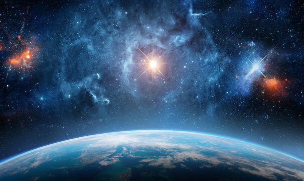 Earth from space with bright stars, colorful nebula and deep cosmic sky above the planet horizon. Futuristic astronomy background with galaxy and  Earth. Elements of this image furnished by NASA.