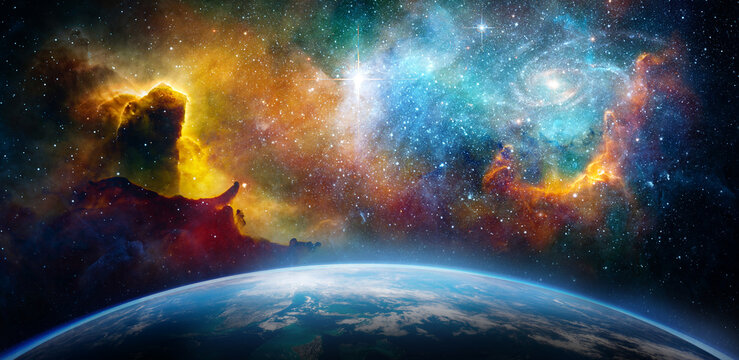 Earth from space with bright stars, colorful nebula and deep cosmic sky above the planet horizon. Elements of this image furnished by NASA.