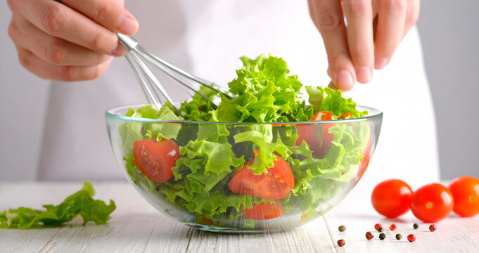 Fresh salad mixed in a bowl, healthy food preparation with vegetables, ready to serve now.