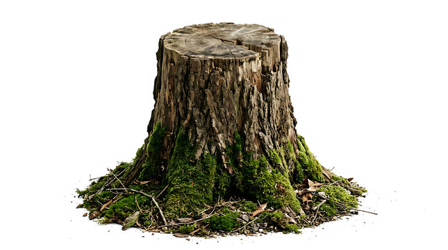 Old moss-covered tree stump with green forest background isolated on transparent background