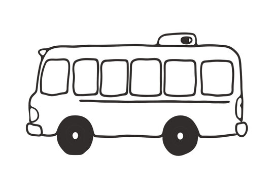 Simple black and white line drawing of a passenger bus vector graphic with line art public transport white background coloring book motor vehicle road trip