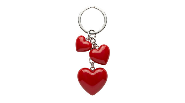 Red heart-shaped keychain with two dangling heart charms on a silver ring isolated on transparent background