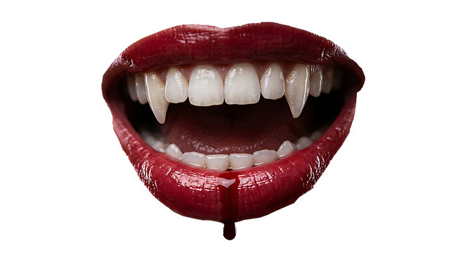 Close-up of cartoon vampire fangs in red liquid isolated on transparent background