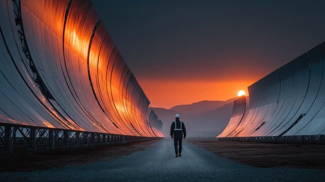 Professional engineer inspecting parabolic trough solar collectors sunset light renewable energy infrastructure professional industrial photography 