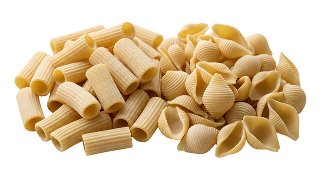 Close-up of golden pasta shells in a pile isolated on transparent background