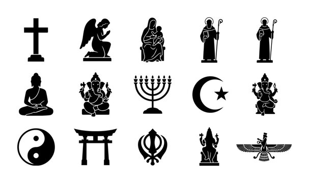 Diverse Religious Symbols Collection, 15 Icons: Christianity, Buddhism, Islam, Judaism, Hinduism, Sikhism, Shinto, Yin Yang, Zoroastrianism, Angel, Virgin Mary, Saints