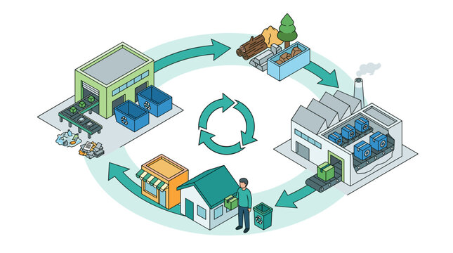 Circular economy model illustration showing production, consumption, and recycling with factories, houses, and resources.