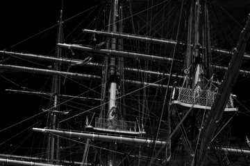Details of a tall sail ship mast in black and white © Richard Nantais