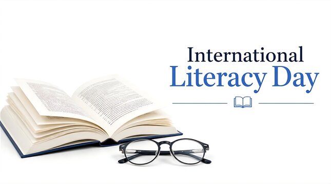 International Literacy Day Open Book With Reading Glasses on White Background