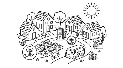 Fototapeta premium Eco-friendly village with solar powered homes, electric vehicle charging, and organic garden, line art illustration