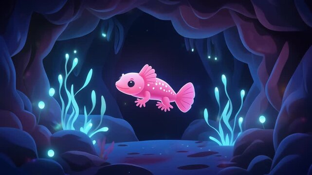Pink axolotl floating in glowing underwater cave