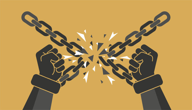 Strong clenched human hands forcefully break heavy iron chains to symbolize liberation and overcoming difficult obstacles in a challenging life.