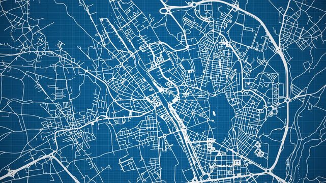 Ink reveal animation of Le&oacute;n (Lli&oacute;n) city, Spain (Espa&ntilde;a) grid map. Aerial top view. Blueprint style. White lines with blue background. 4K Seamless loop.