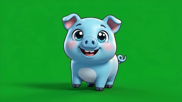 Cute blue baby pig cartoon character with a happy expression, standing on a green background.