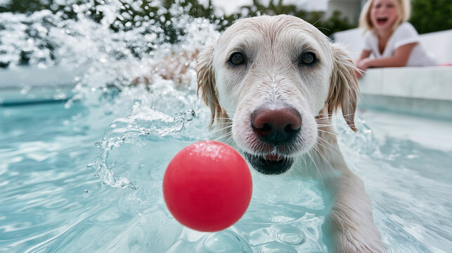 Golden retriever dog swimming in a pool, splashing water while retrieving a red ball, with a person laughing in the background