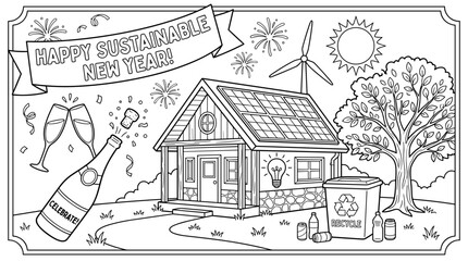 Fototapeta premium Sustainable house with solar panels and wind turbine, celebrating new year with champagne and recycling bin