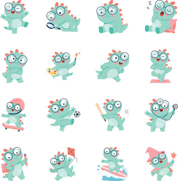 Playful dinosaur character illustrations featuring emotions, sports, school, creativity, health, outdoor activities, and fantasy themes.

