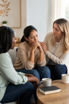 Friends comforting woman after job loss in cozy living room. Three women share emotional support over coffee, discussing feelings and challenges.