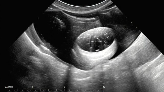 Medical ultrasound scan showing a human gallbladder with gallstones inside the organ..