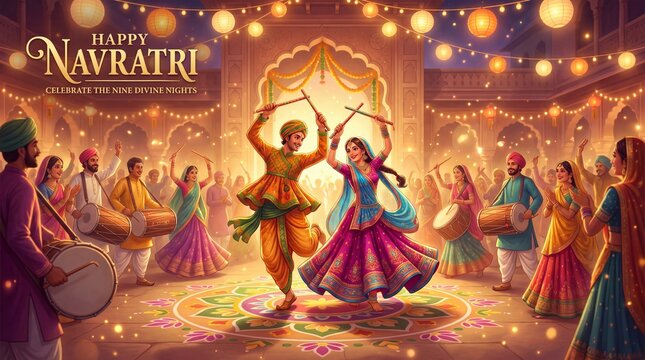 Happy navratri celebration with traditional garba dancers and music, navratri