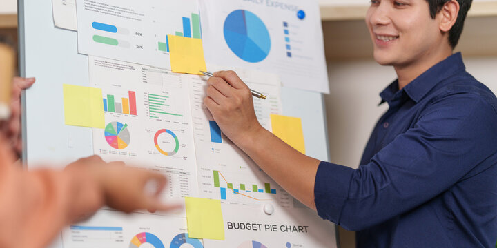 Asian Businessman Analyzing Financial Budget Charts on Whiteboard for Strategy Planning