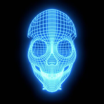 Futuristic glowing blue digital wireframe skull on black background. Abstract cyberpunk hologram. Artificial intelligence nightmare. Futuristic medical tech concept. 3D render