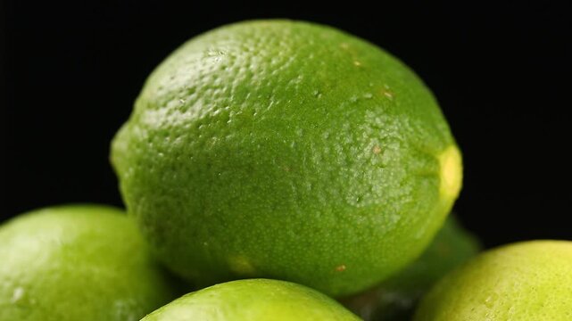 A pile of fresh whole seedless limes slowly rotating on black background.