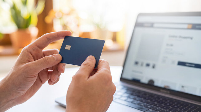 Hands Holding Blue Credit Card Beside Laptop with Blurred Online Shopping Page for Digital Payment Concept