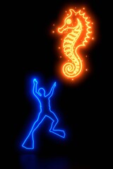 Scuba diver and a seahorse silhouettes. Sea and ocean animal. Activity lifestyle and travel concept. Neon glowing. © JEGAS RA