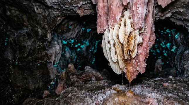 Bats Hanging from Cave Ceiling at Night Bioluminescent Blue Glow