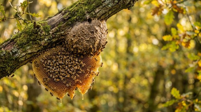 Beehive on tree branch with bees, natural forest environment,