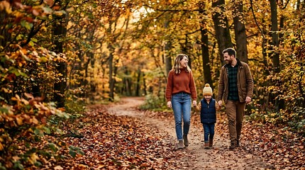 Obraz premium Happy family walking hand in hand through autumn forest trail with golden leaves