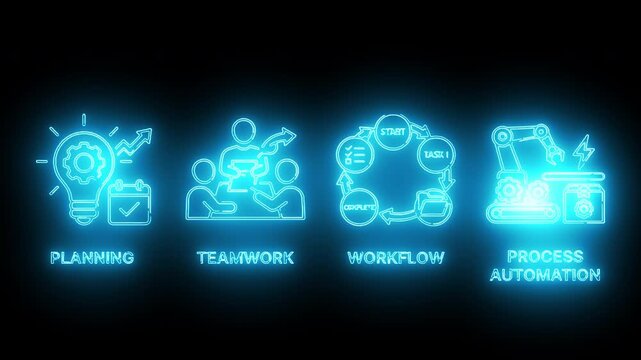 Glowing blue neon business management icons depicting teamwork collaboration workflow process and project execution cycles