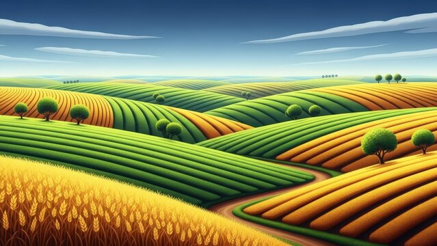 A vibrant agricultural landscape featuring rolling hills with striped fields of green crops and golden wheat under a clear blue sky with clouds