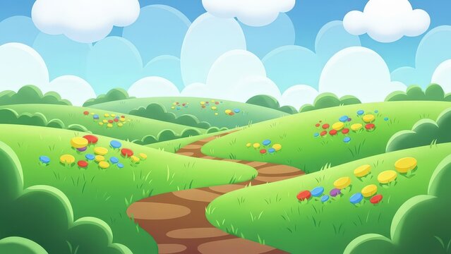 A vibrant cartoon landscape featuring rolling green hills with a winding dirt path and colorful wildflowers under a bright blue sky with clouds