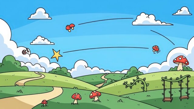 A whimsical cartoon landscape featuring rolling green hills, floating mushrooms, a bright star, and a vine swing under a blue sky with clouds
