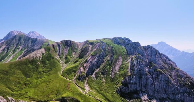 Panoramic flight across rugged Zugspitze alpine mountain landscape