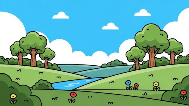 Cartoon landscape featuring green rolling hills, a blue winding river, lush trees, colorful flowers, and fluffy clouds in a blue sky
