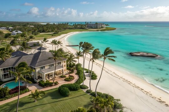 Aerial view of a luxury tropical villa on a sandy beach by the turquoise ocean