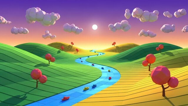 Low poly 3d landscape with rolling green hills, a winding blue river, small colorful trees, and fluffy clouds under a purple sunset sky