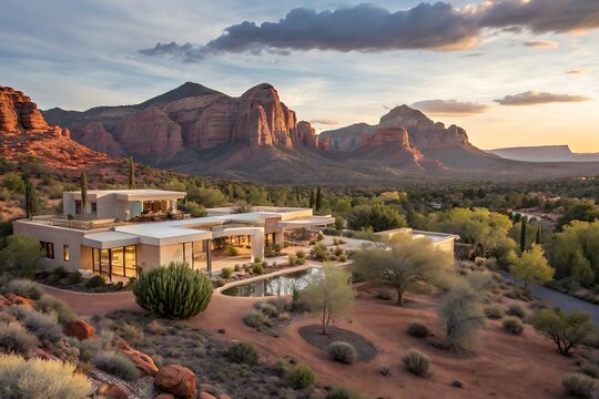 Modern luxury residential villa nestled in the scenic desert landscape of Sedona Arizona during a vibrant sunset