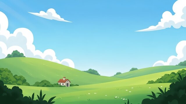Peaceful rural landscape with rolling green hills, a small house, and lush bushes under a bright blue sky with large fluffy white clouds
