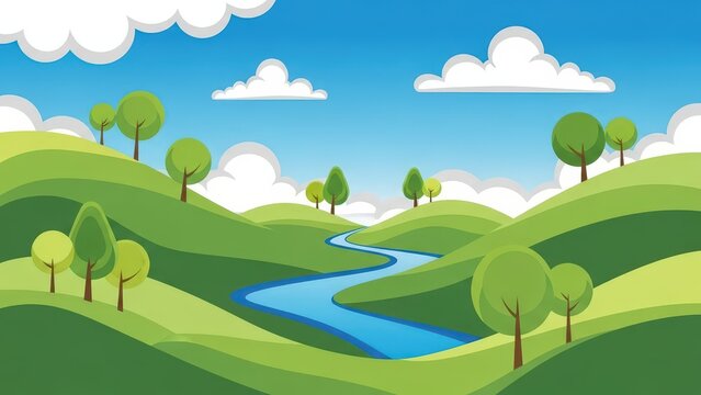 Simple cartoon landscape with rolling green hills, a winding river, scattered trees, and fluffy white clouds against a bright blue sky background