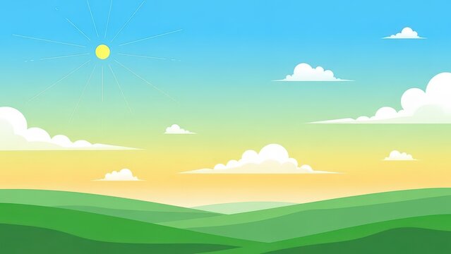 Simple flat landscape with rolling green hills under a bright yellow sun and white fluffy clouds in a clear light blue gradient sky